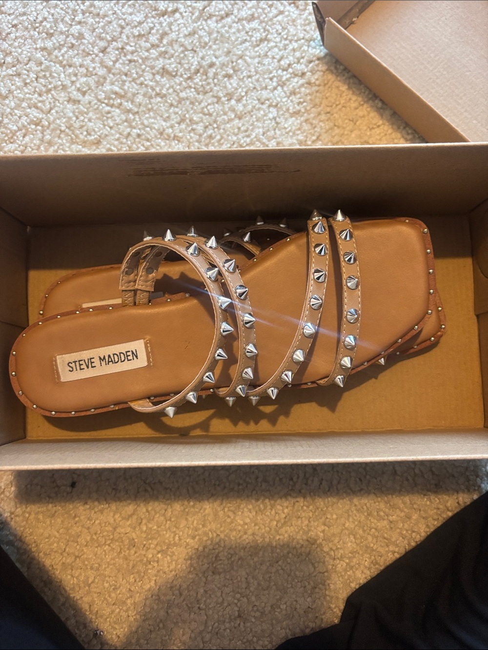 Steve Madden Tan Slide Sandal with Silver Pyramid Studs
